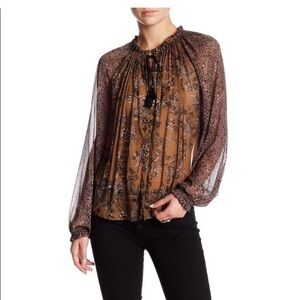 Free People Hendrix Sheer Brown Floral Long Sleeve Ruffle Trim Blouse Size Small